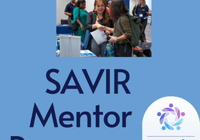 SAVIR Mentor Program graphic with an image of young researchers shaking hands